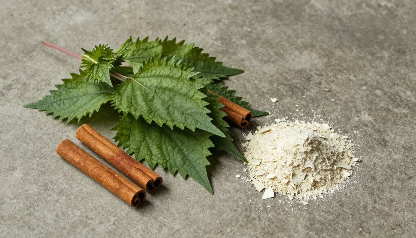 Botanical still life of natural supplement ingredients on a linen mat