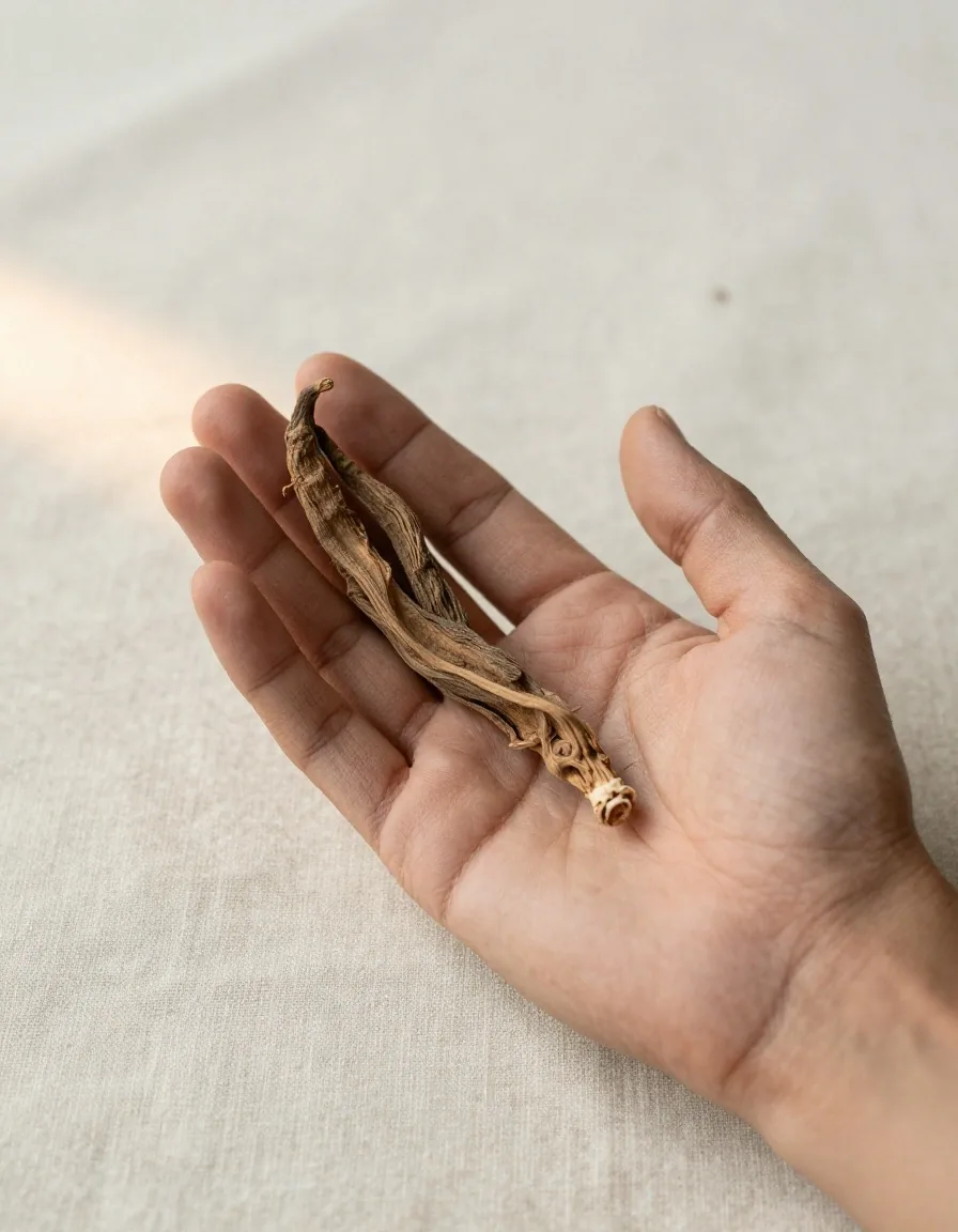 Hand holding a dried herb root over a linen mat