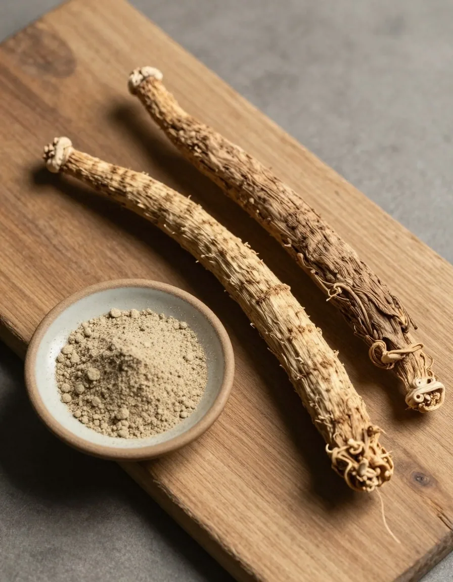 A dried ginseng root on a linen-bound notebook