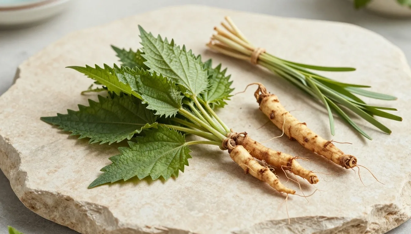 Raw ashwagandha roots and dried ginseng arranged on a linen mat