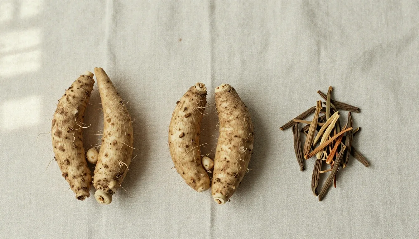 Botanical specimens on a linen mat