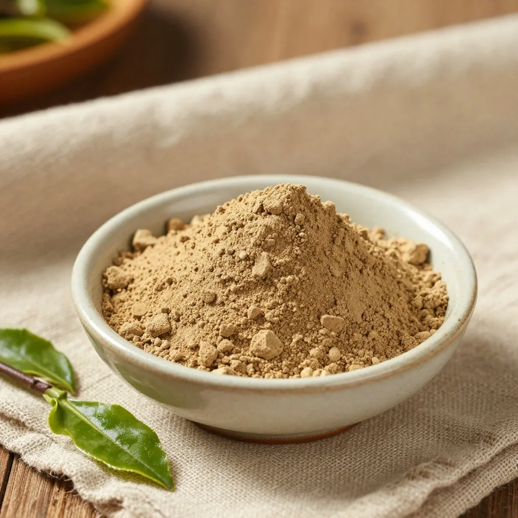 Caffeine powder and green tea leaves on linen