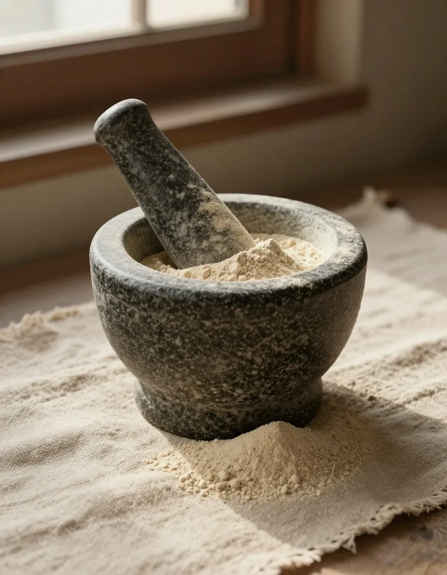 Mortar and pestle with mineral powder on linen
