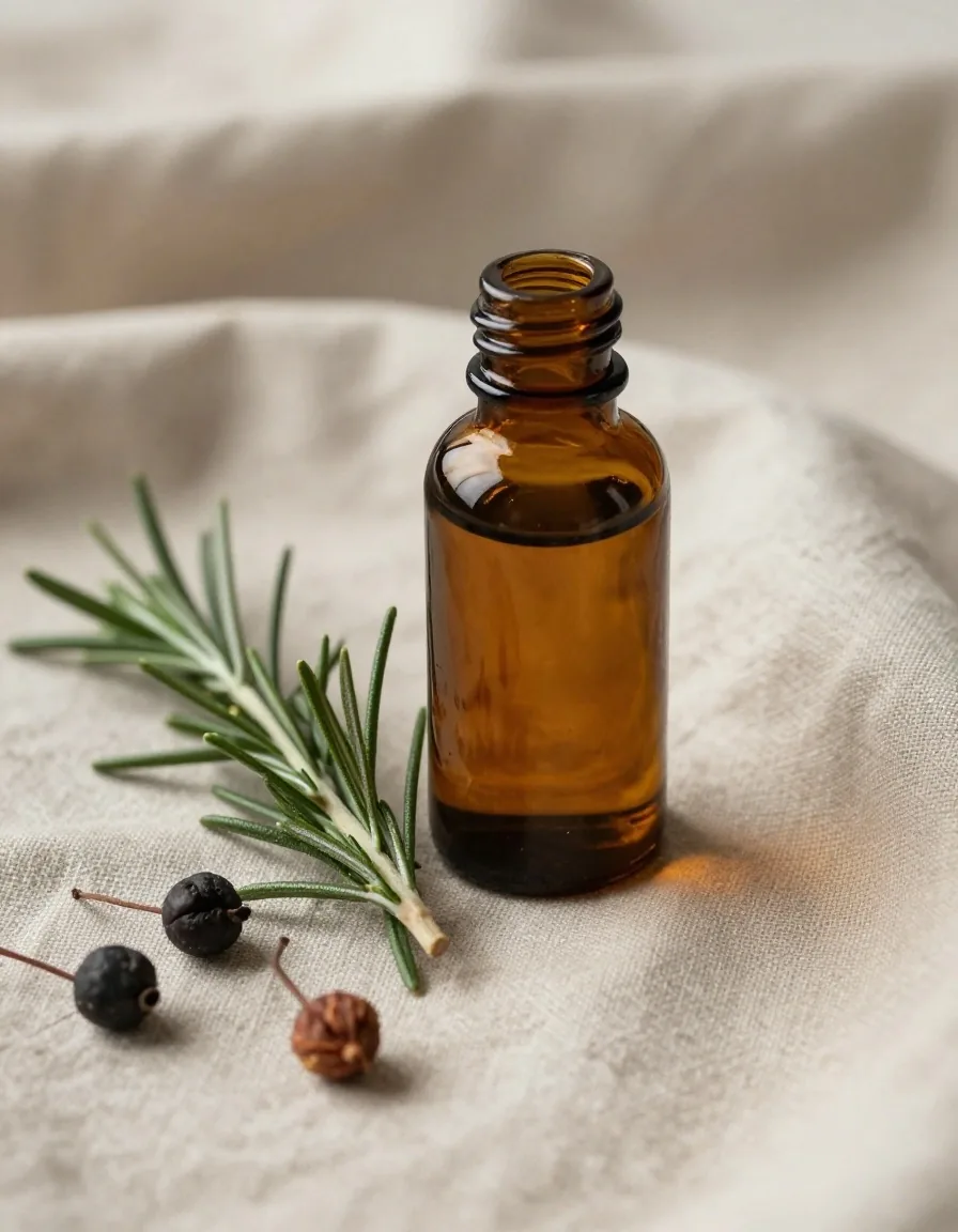 A supplement bottle resting on linen with a botanical sprig